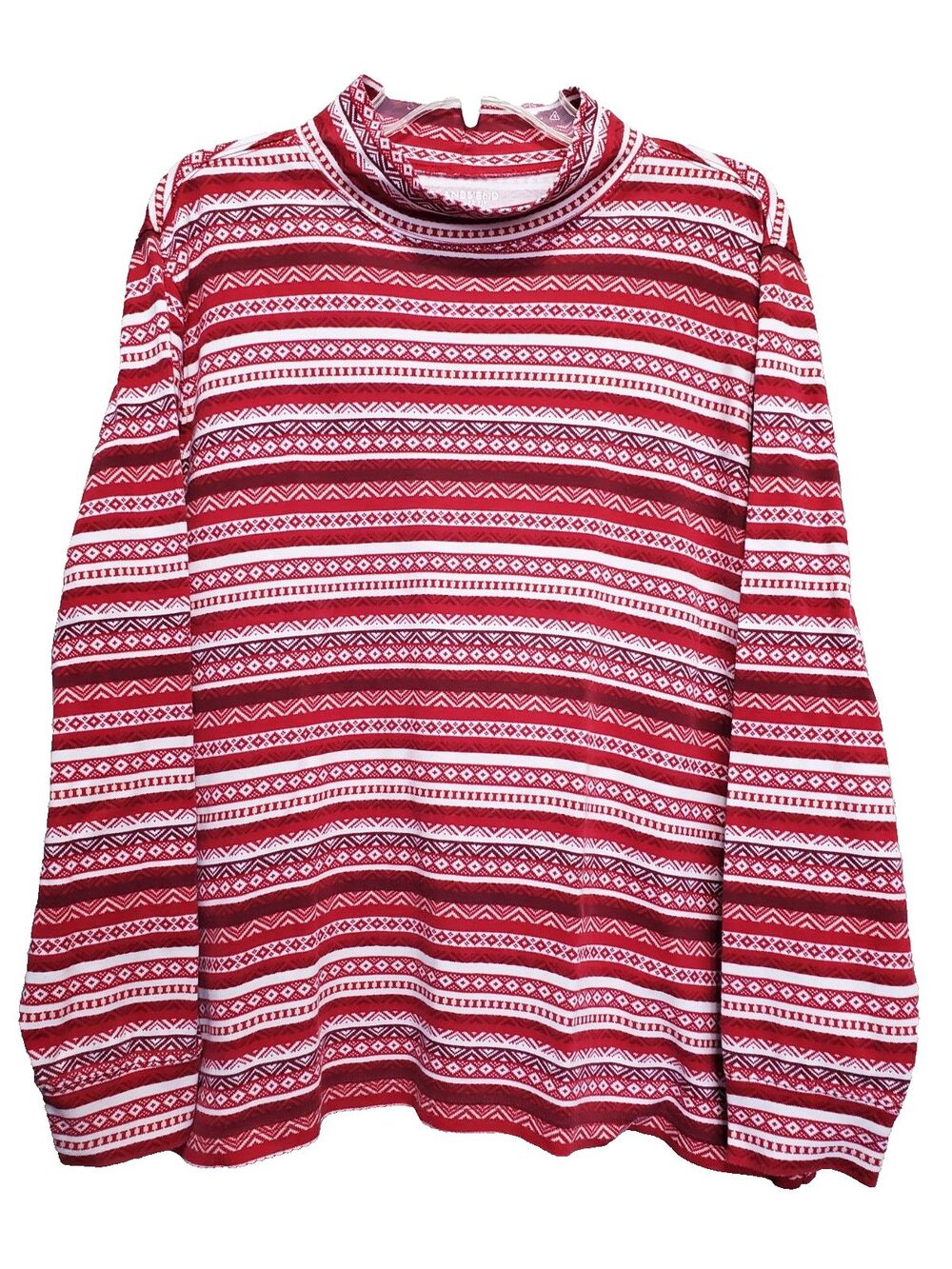 Lands' End Relaxed Fit Women's Red Fair Isle Long Sleeve Mock Neck Tee LGE TALL
